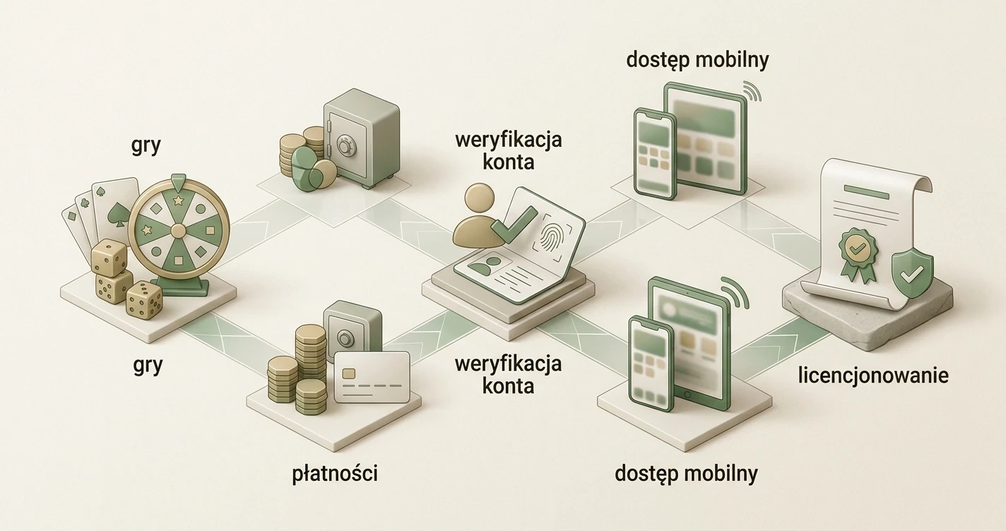 Ilustracja mapy decyzji obejmującej gry, płatności, konto i licencję